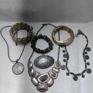 Mixed Metal Geometric  Boho Hammered Silver Bronze Necklaces Cuff Brutalist